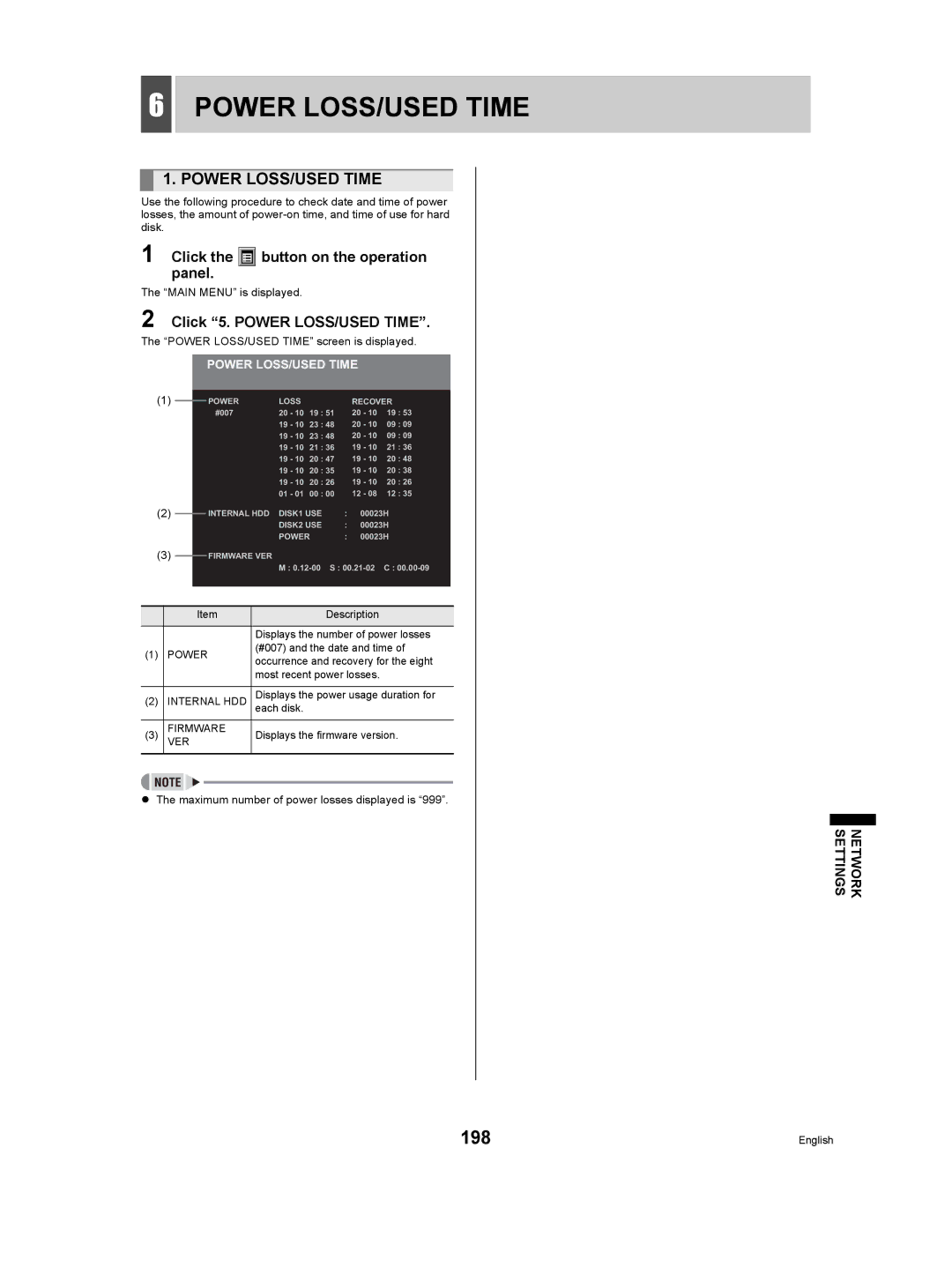 Sanyo DSR-5009P instruction manual 198, Click 5. Power LOSS/USED Time 