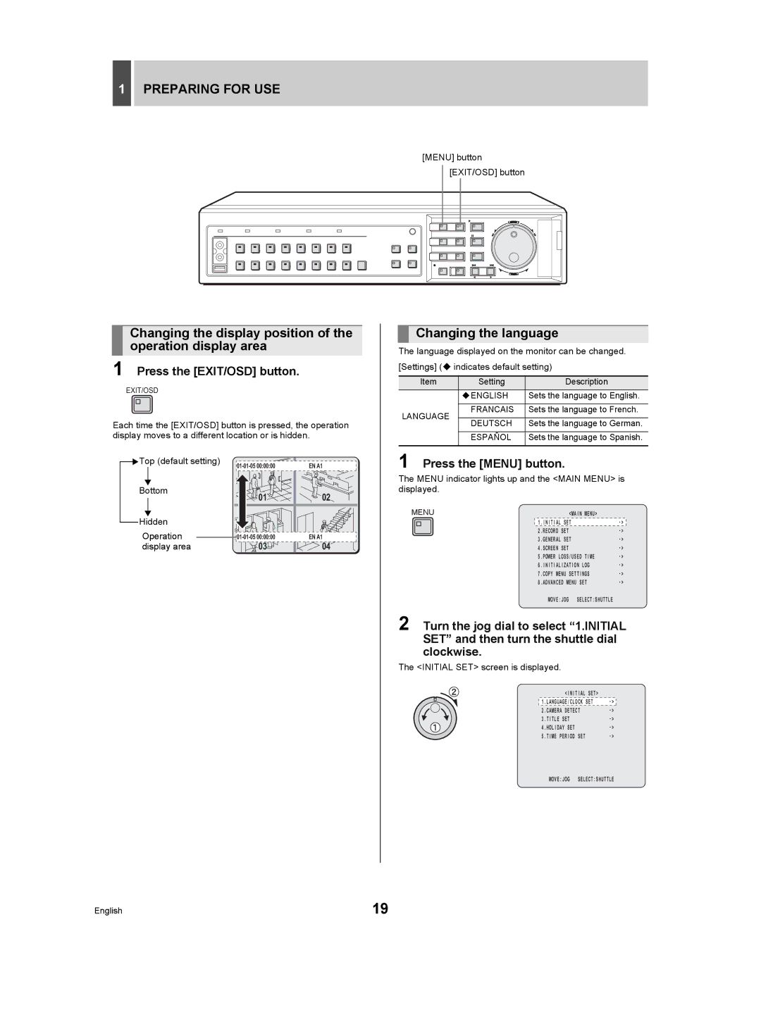 Sanyo DSR-5009P Preparing for USE, Changing the display position of the operation display area, Changing the language 