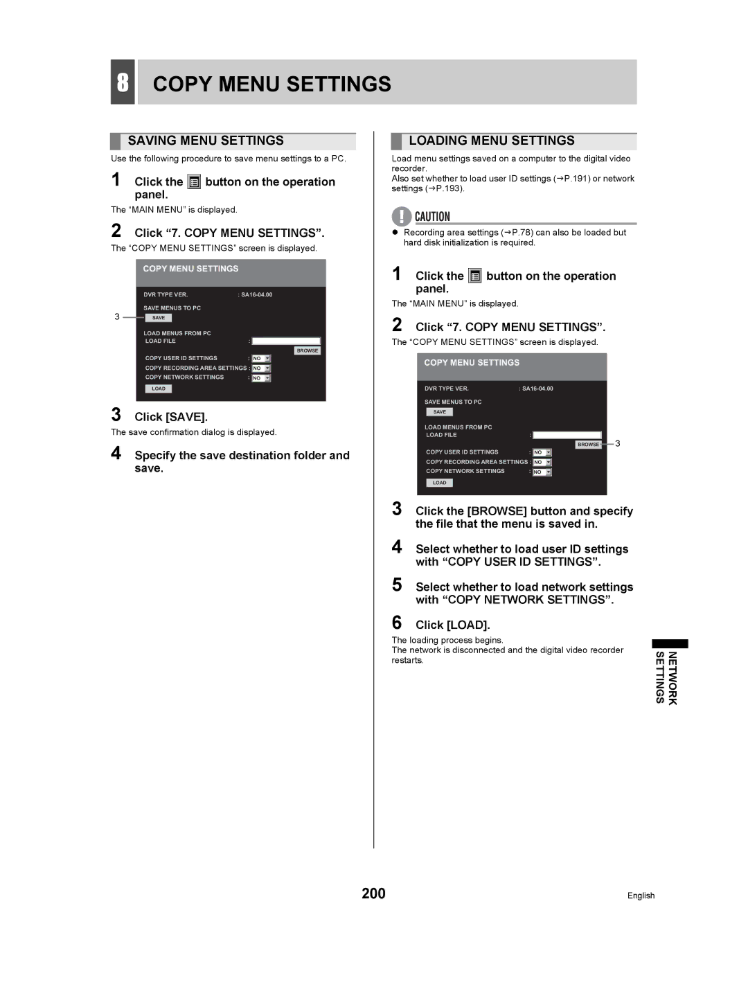 Sanyo DSR-5009P instruction manual 200, Saving Menu Settings, Loading Menu Settings, Click 7. Copy Menu Settings 