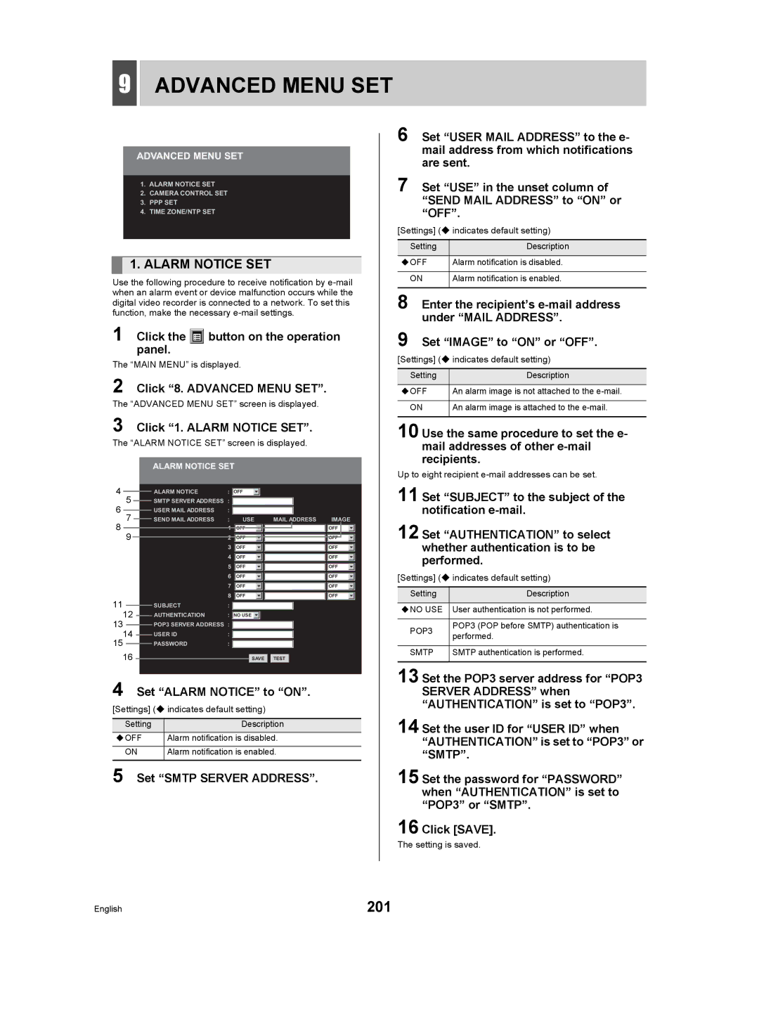 Sanyo DSR-5009P instruction manual 201, Click 8. Advanced Menu SET, Click 1. Alarm Notice SET, Set Alarm Notice to on 