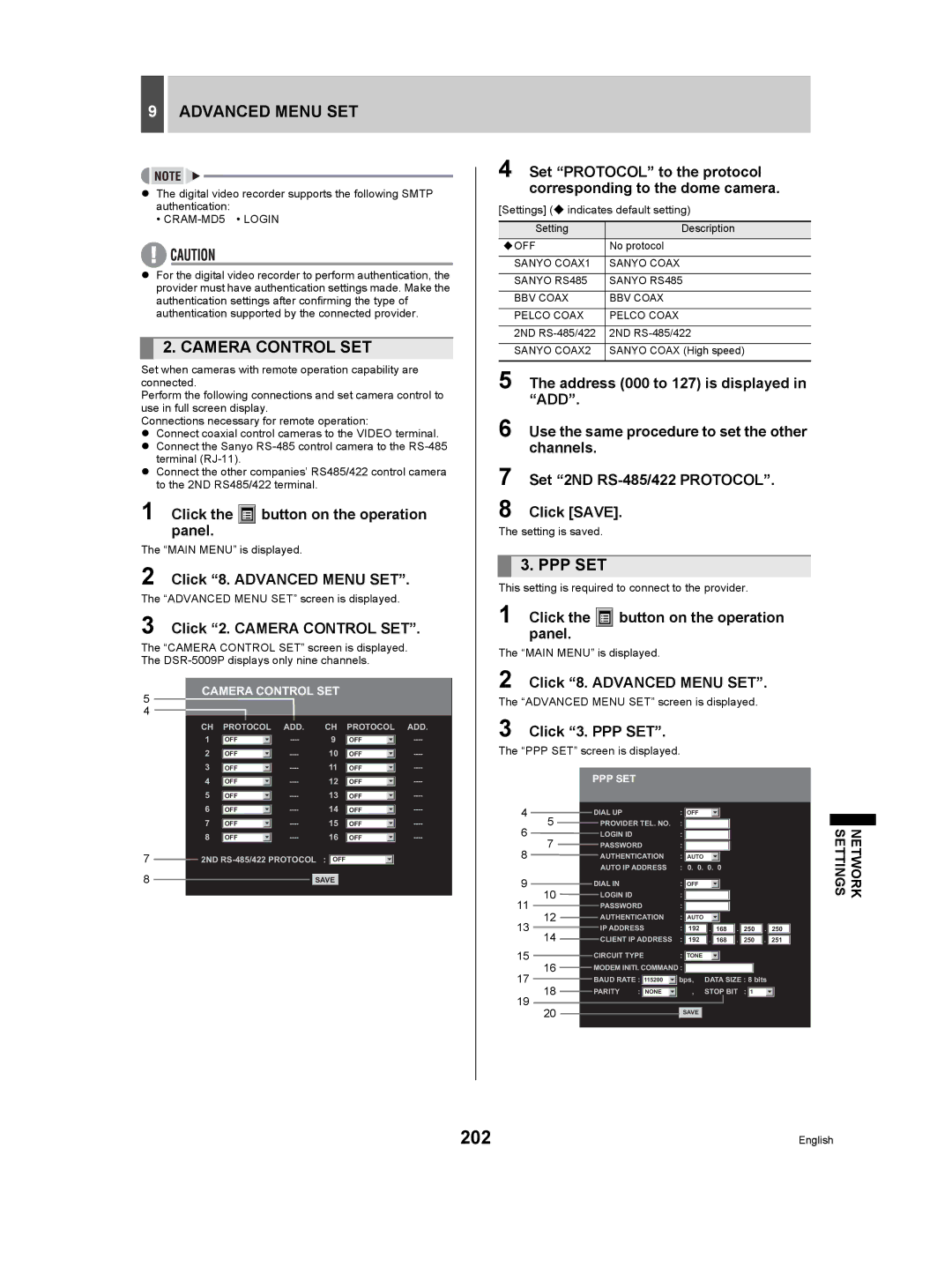 Sanyo DSR-5009P instruction manual 202, Ppp Set, Click 2. Camera Control SET, Click 3. PPP SET 