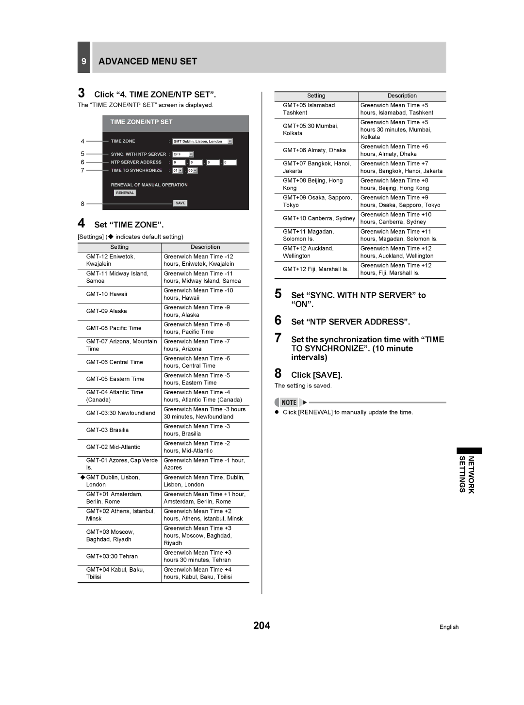 Sanyo DSR-5009P instruction manual 204, Click 4. Time ZONE/NTP SET, Set Time Zone, Time ZONE/NTP SET screen is displayed 