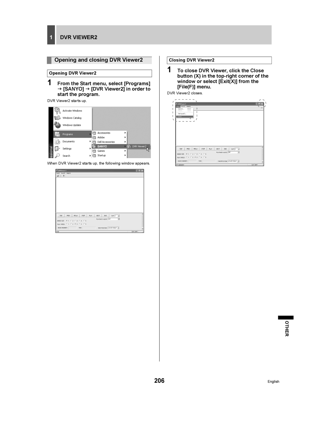 Sanyo DSR-5009P 206, DVR VIEWER2, Opening and closing DVR Viewer2, Opening DVR Viewer2, Closing DVR Viewer2 
