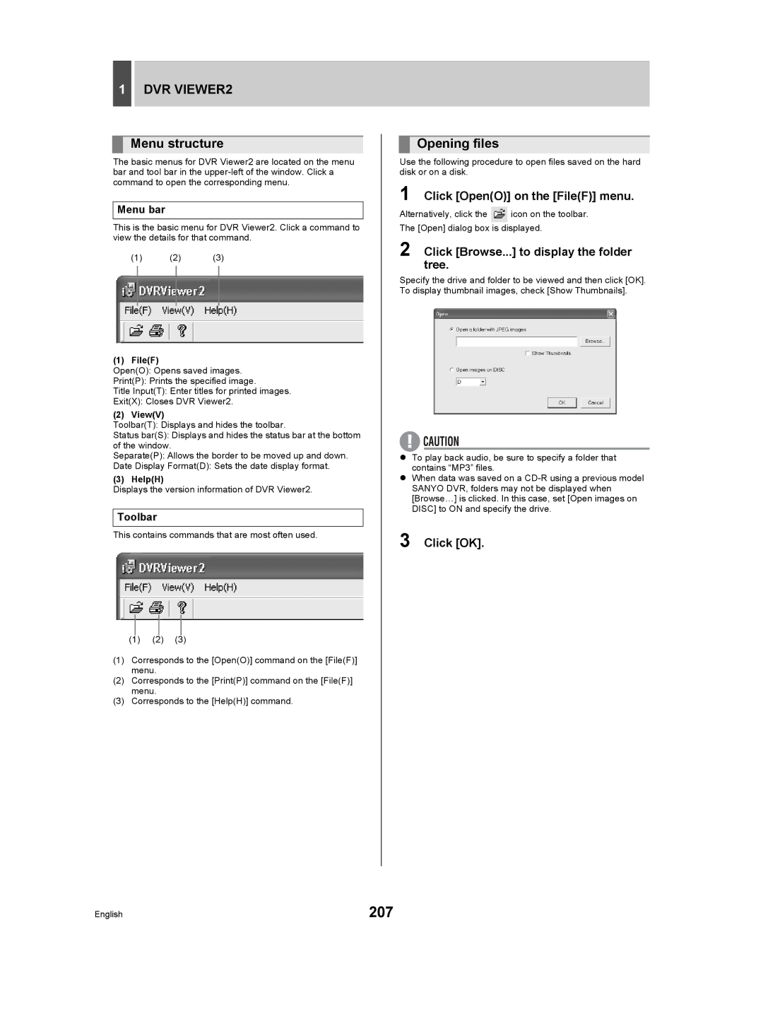 Sanyo DSR-5009P 207, Opening files, Click OpenO on the FileF menu, Click Browse... to display the folder tree 