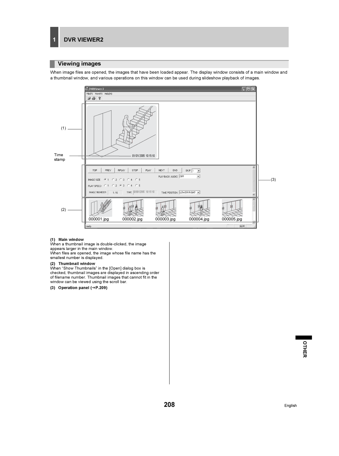 Sanyo DSR-5009P instruction manual 208, Viewing images, Main window, Thumbnail window, Operation panel JP.209 