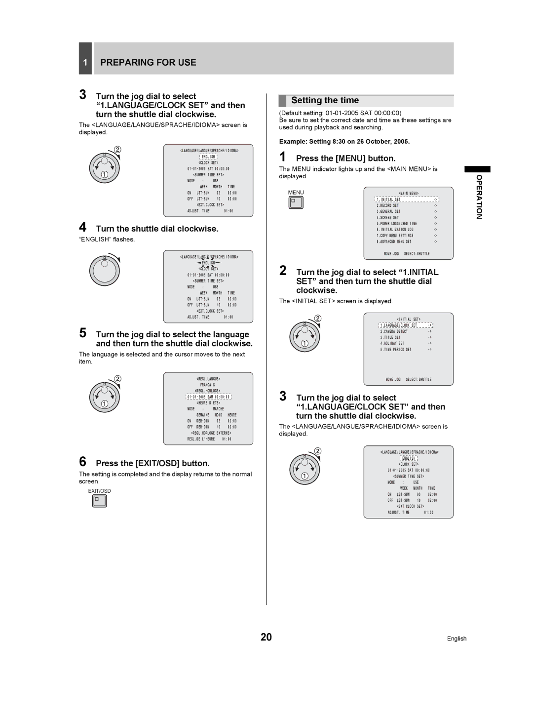 Sanyo DSR-5009P instruction manual Setting the time, Turn the shuttle dial clockwise, Example Setting 830 on 26 October 