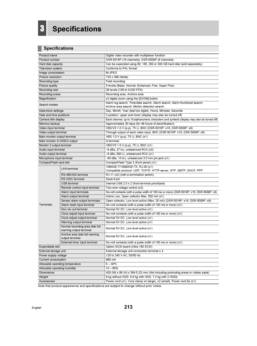 Sanyo DSR-5009P instruction manual 213, Specifications, Jpeg 