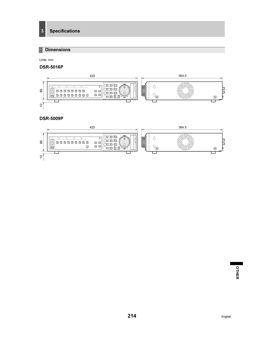 Sanyo DSR-5009P instruction manual 214, Specifications Dimensions, Units mm, 420 364.5 