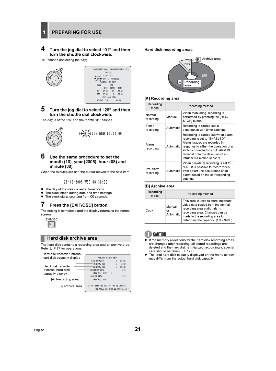 Sanyo DSR-5009P instruction manual Hard disk archive area, Hard disk recording areas, Recording area, Archive area 