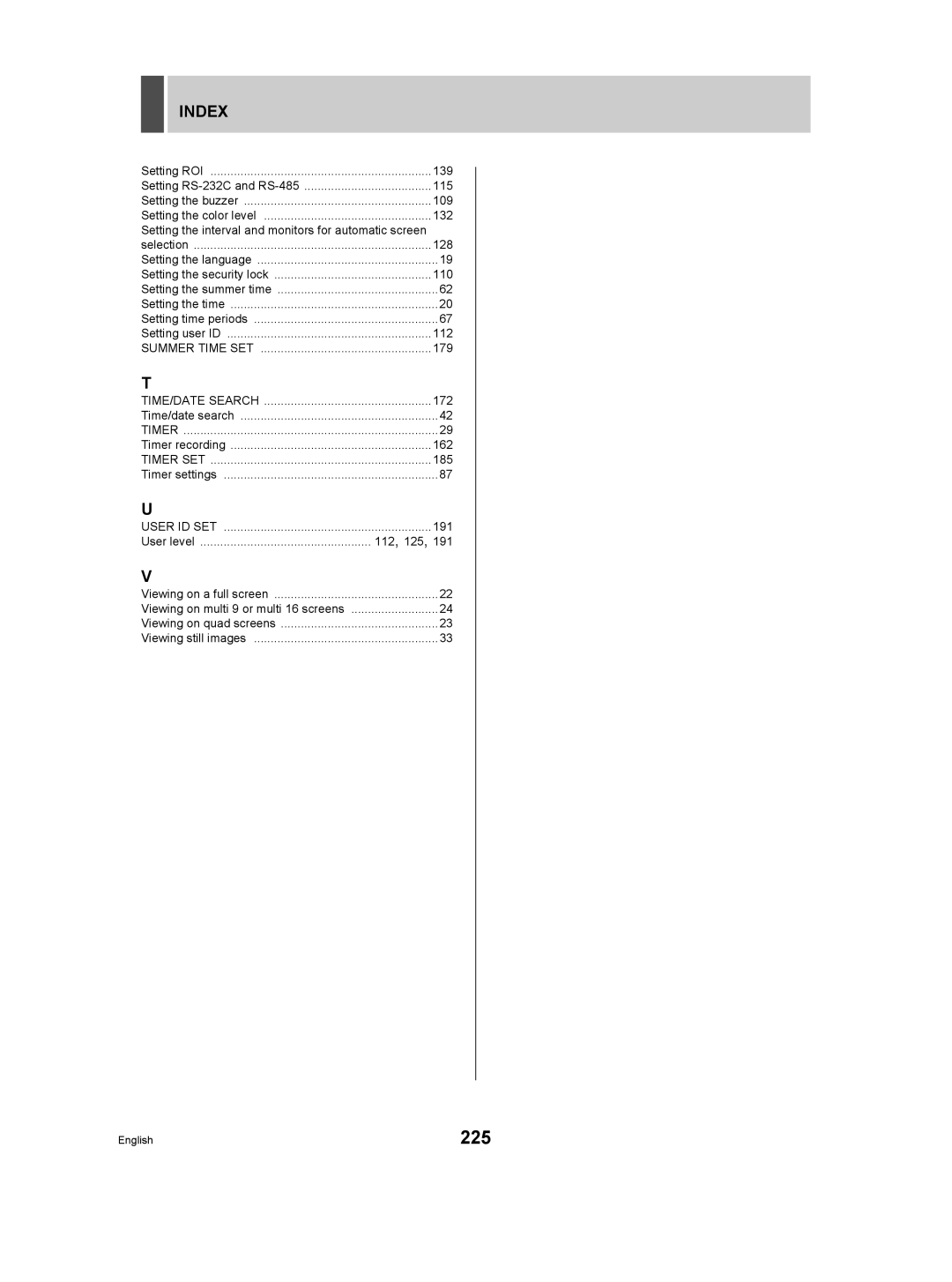 Sanyo DSR-5009P instruction manual 225, Index, 112, 125 