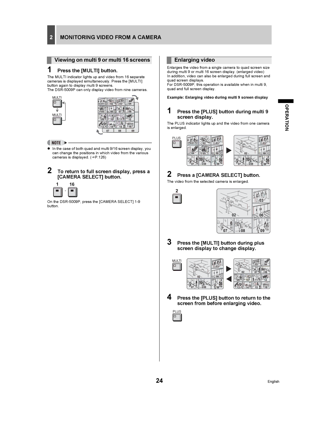 Sanyo DSR-5009P instruction manual Viewing on multi 9 or multi 16 screens, Enlarging video, Press the Multi button 