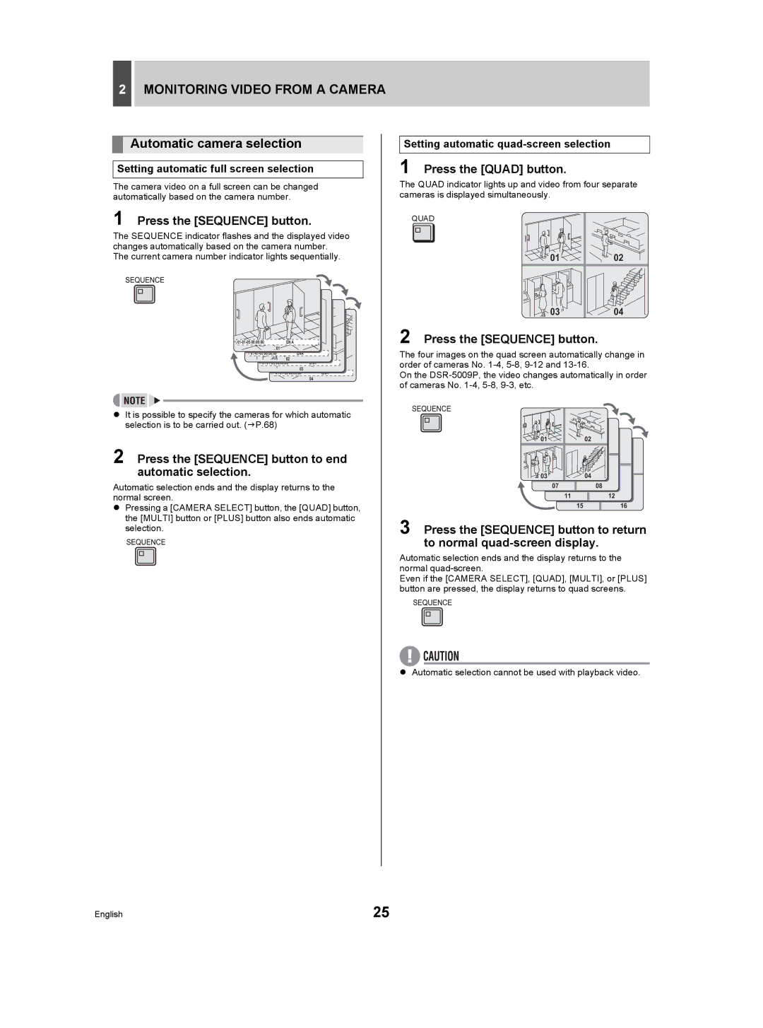 Sanyo DSR-5009P Automatic camera selection, Press the Sequence button, Setting automatic full screen selection 