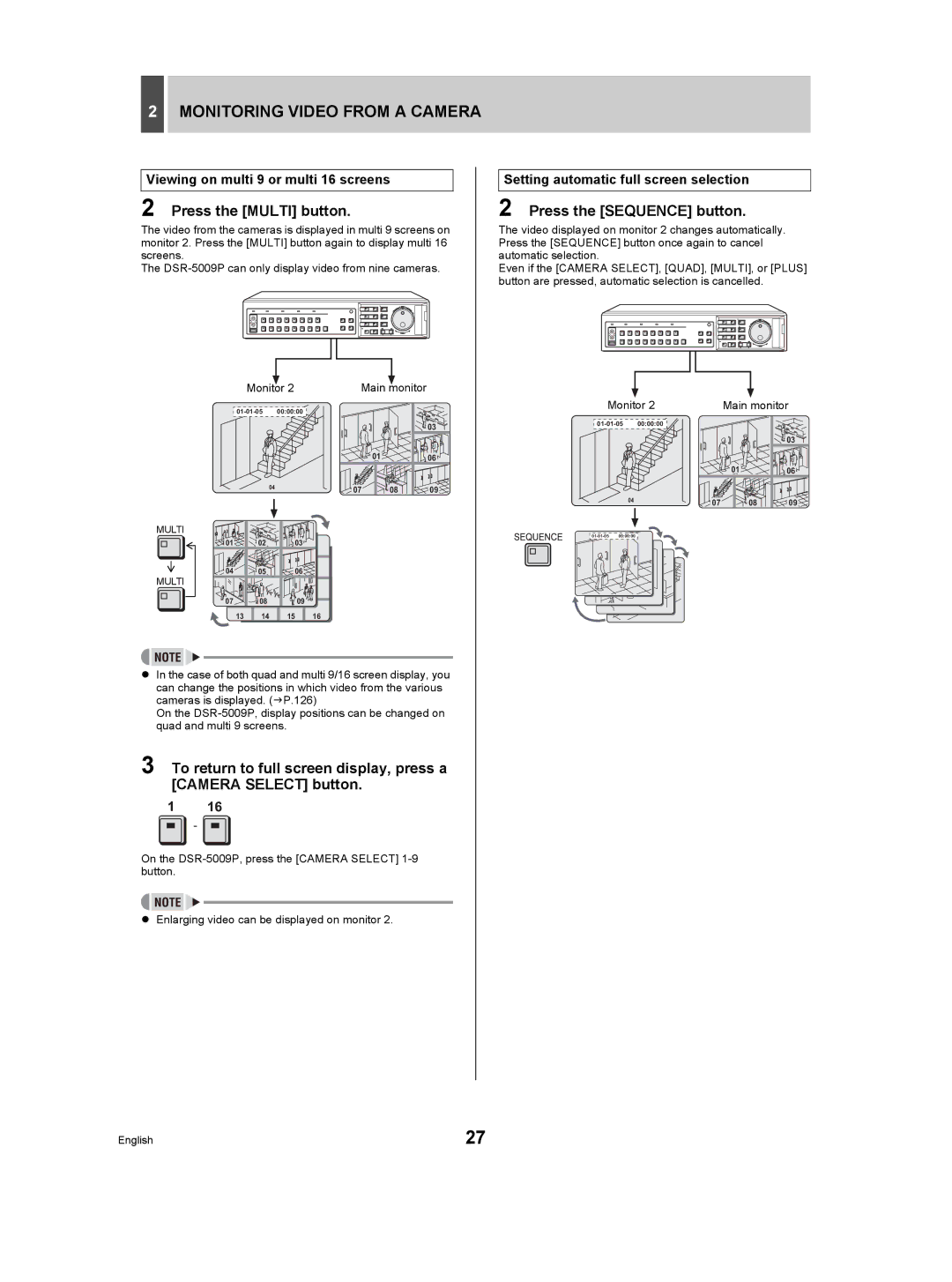 Sanyo DSR-5009P instruction manual Viewing on multi 9 or multi 16 screens, Monitor Main monitor 