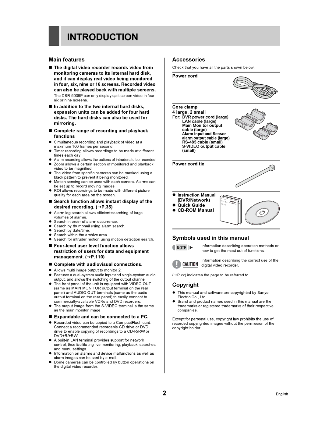 Sanyo DSR-5009P instruction manual Introduction, Main features, Accessories, Symbols used in this manual, Copyright 