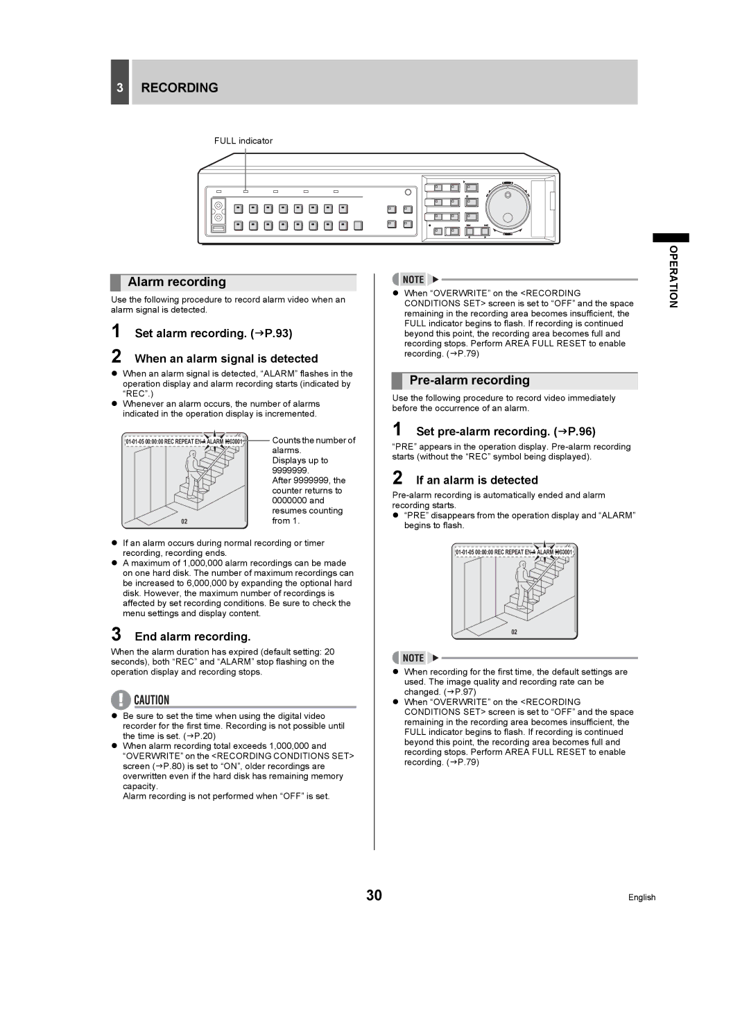 Sanyo DSR-5009P instruction manual Recording, Alarm recording, Pre-alarm recording 