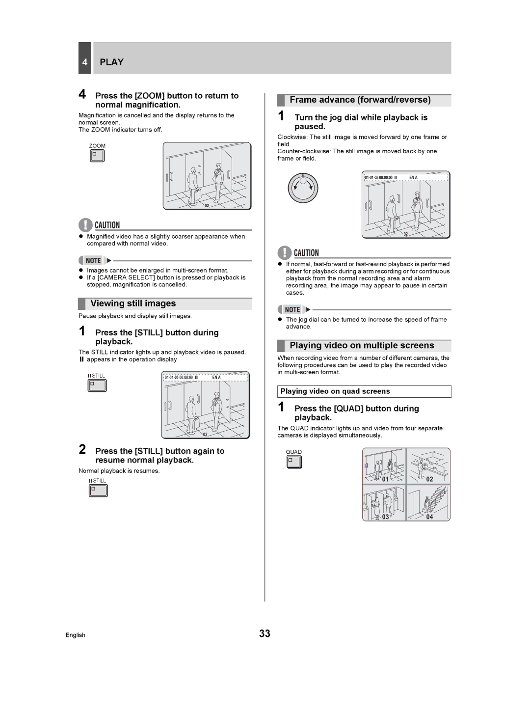 Sanyo DSR-5009P instruction manual Viewing still images, Frame advance forward/reverse, Playing video on multiple screens 