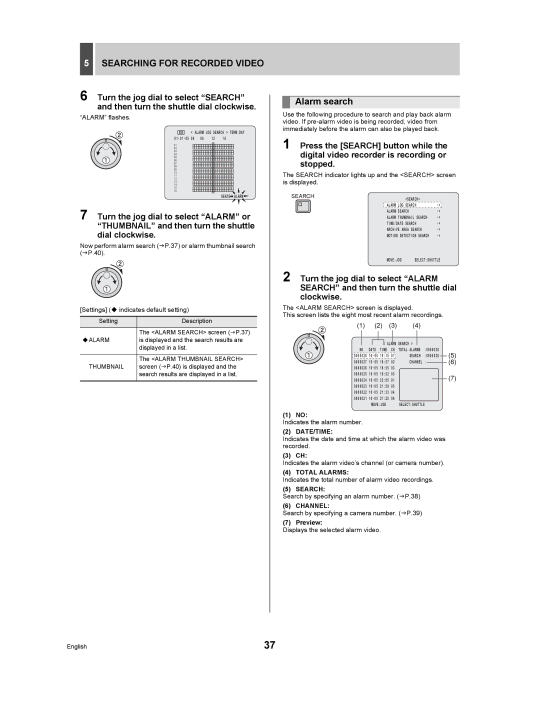 Sanyo DSR-5009P instruction manual Alarm search, Date/Time, Total Alarms, Search, Channel 