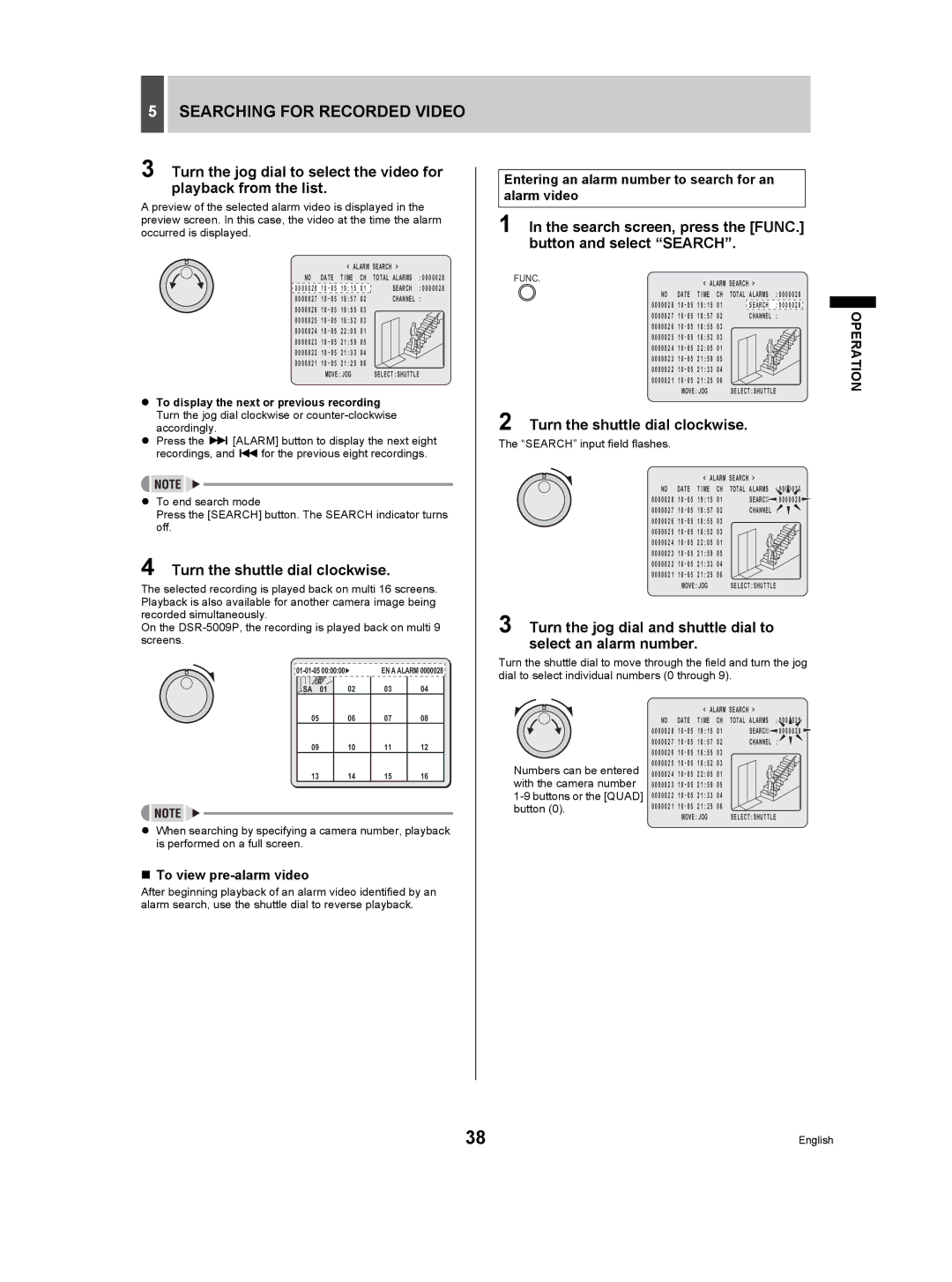 Sanyo DSR-5009P instruction manual Search screen, press the FUNC. button and select Search, „ To view pre-alarm video 