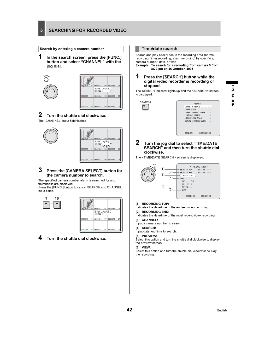 Sanyo DSR-5009P Time/date search, Search by entering a camera number, Recording TOP, Recording END, Preview 