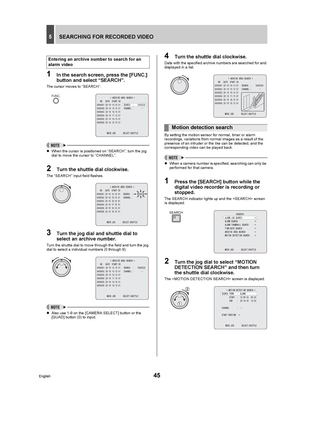 Sanyo DSR-5009P Motion detection search, Entering an archive number to search for an alarm video, Cursor moves to Search 