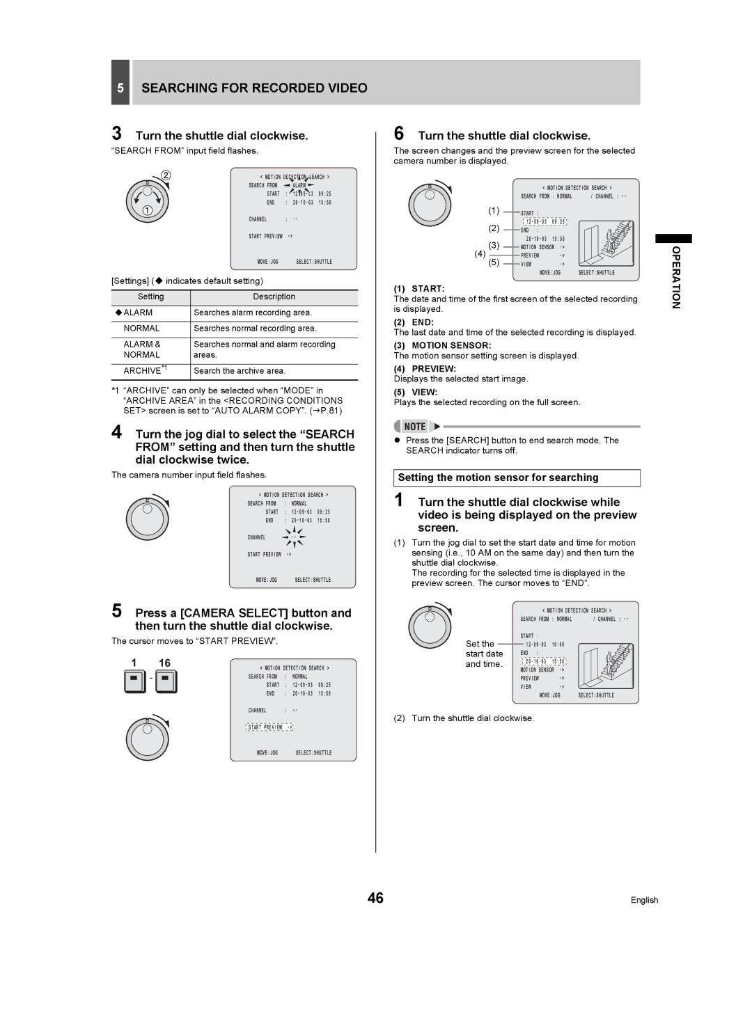 Sanyo DSR-5009P instruction manual Setting the motion sensor for searching, Start, End, Motion Sensor 