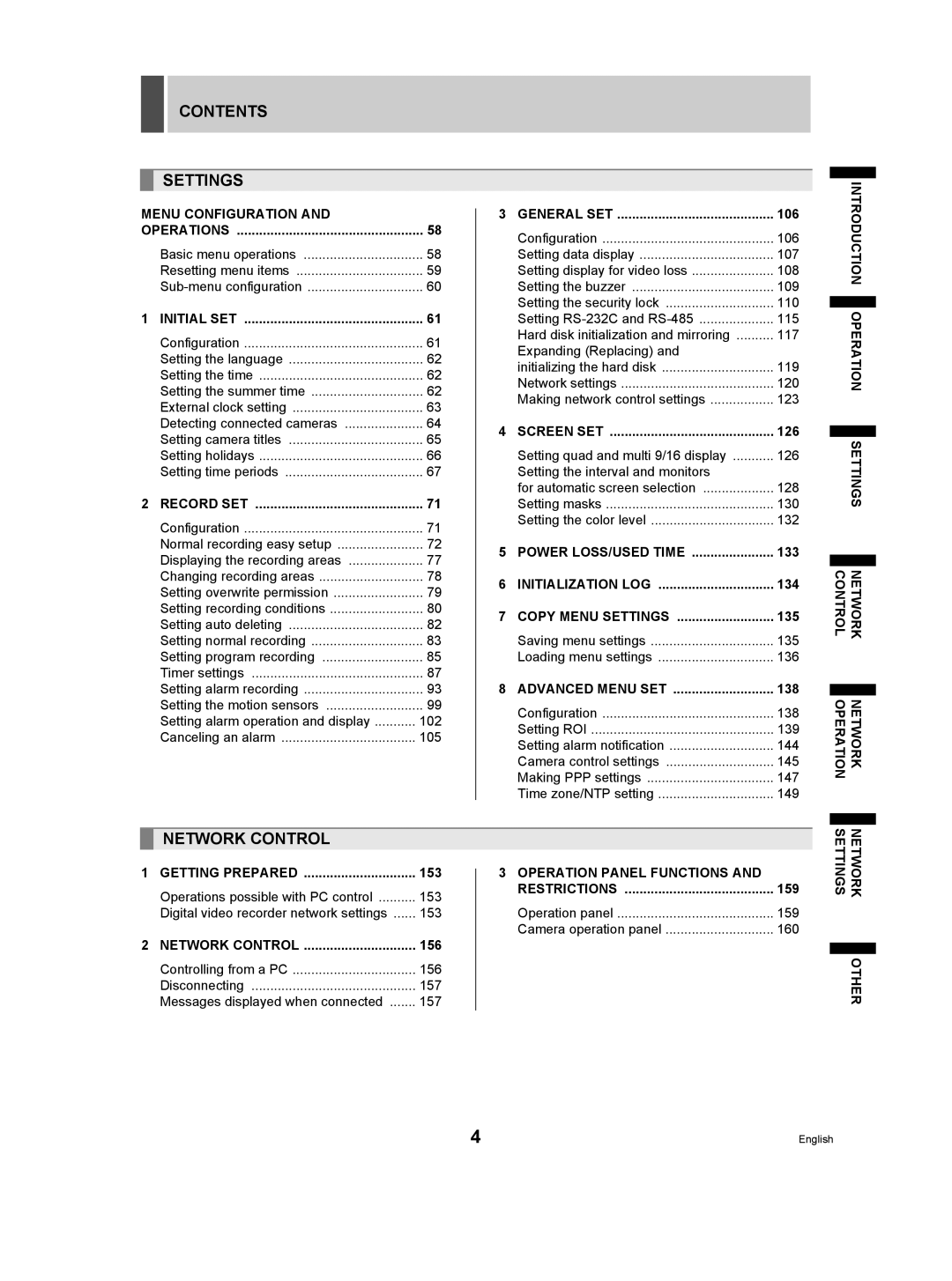 Sanyo DSR-5009P instruction manual Contents Settings, Network Control 