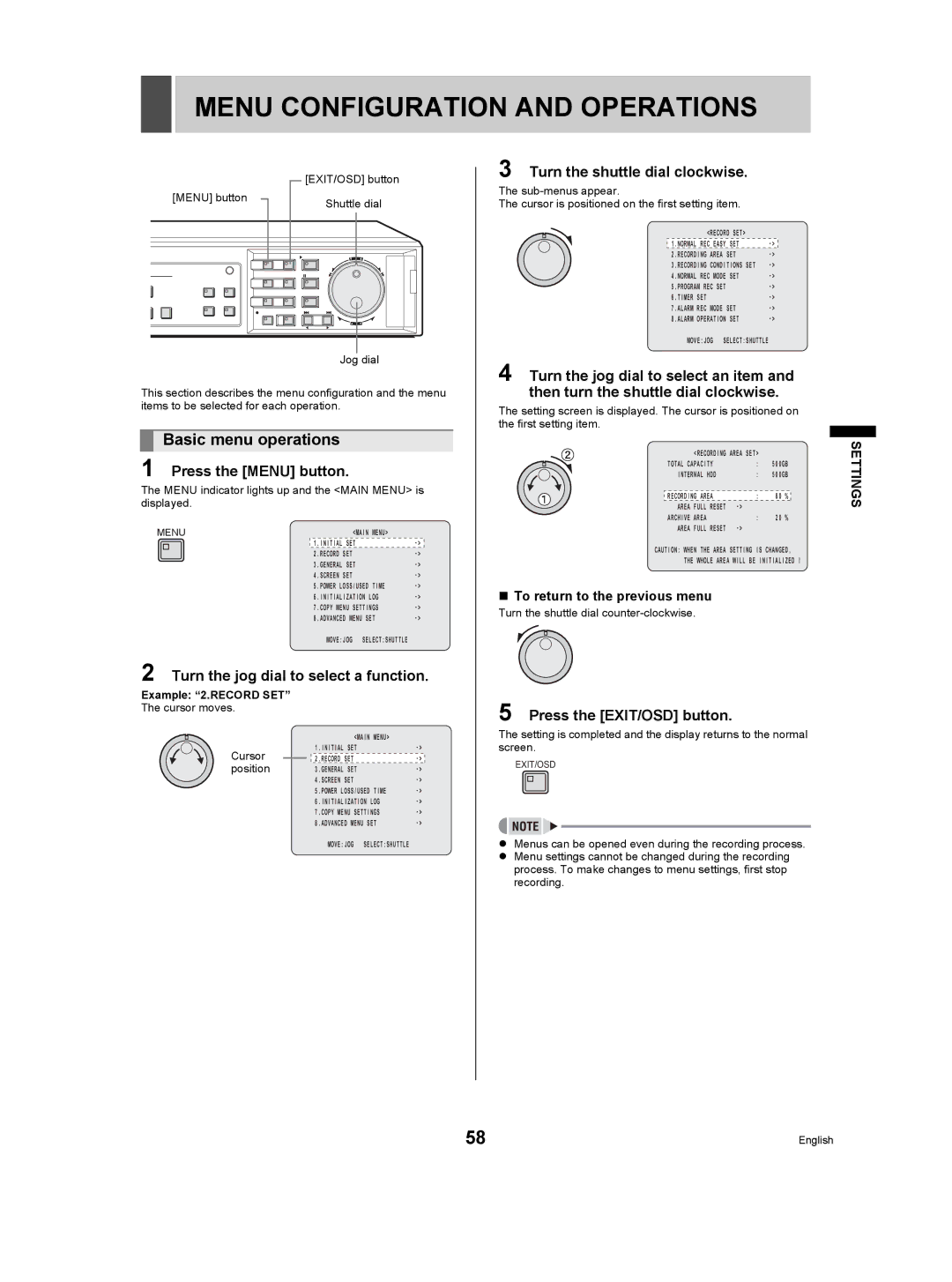 Sanyo DSR-5009P Menu Configuration and Operations, Basic menu operations, Turn the jog dial to select an item 