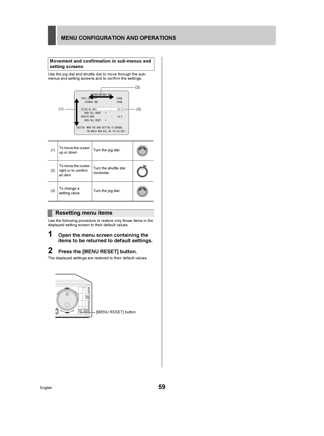 Sanyo DSR-5009P instruction manual Menu Configuration and Operations, Resetting menu items, Menu Reset button English 