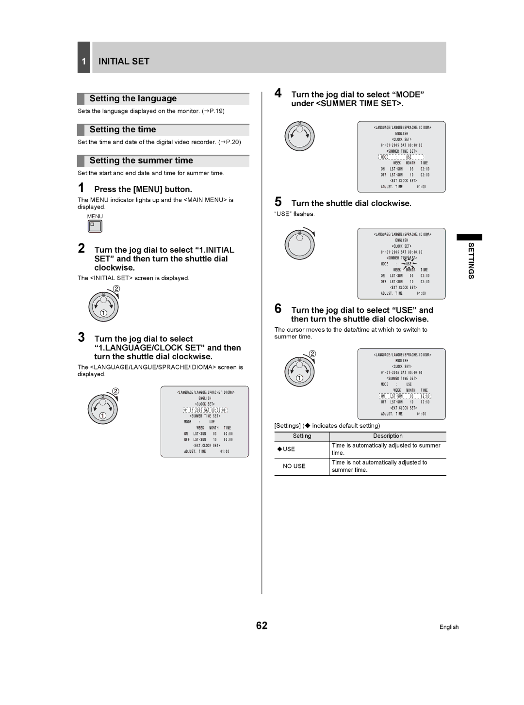 Sanyo DSR-5009P instruction manual Initial SET, Setting the language, Setting the summer time 