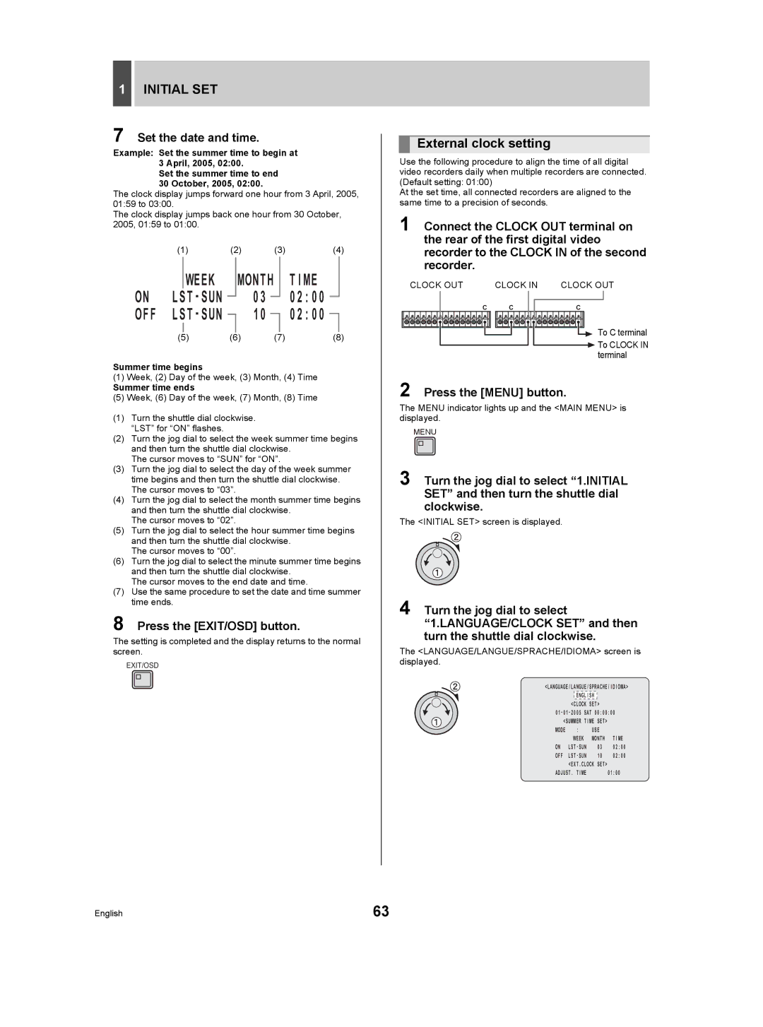 Sanyo DSR-5009P instruction manual External clock setting, Set the date and time, Summer time begins, Summer time ends 