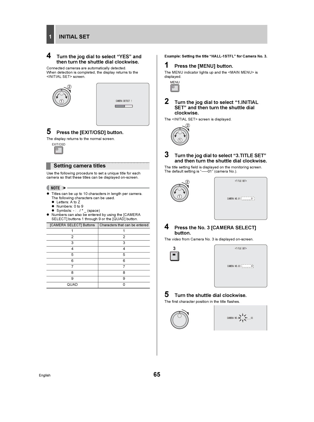 Sanyo DSR-5009P instruction manual Setting camera titles, Quad, Example Setting the title HALL-1STFL for Camera No 