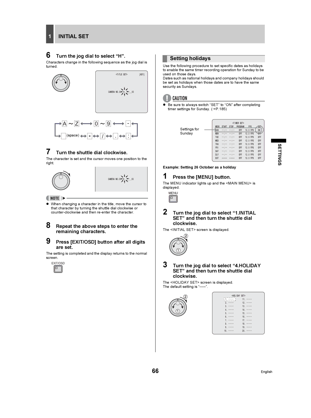 Sanyo DSR-5009P instruction manual Setting holidays, Turn the jog dial to select H, Example Setting 26 October as a holiday 