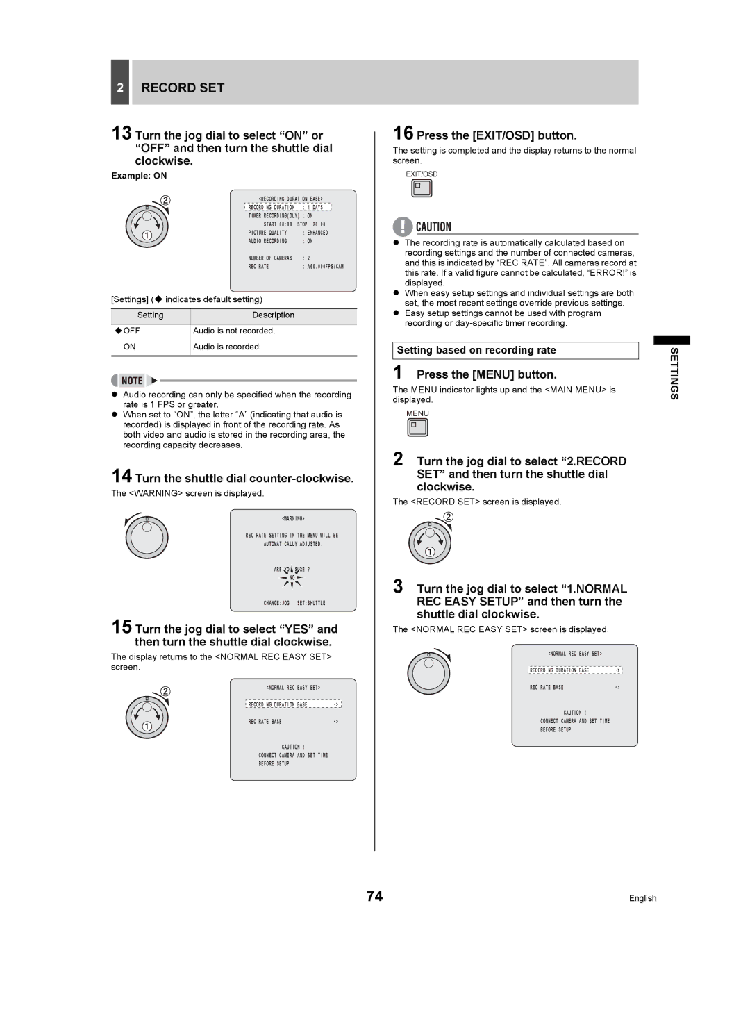 Sanyo DSR-5009P instruction manual Turn the shuttle dial counter-clockwise, Setting based on recording rate, Example on 