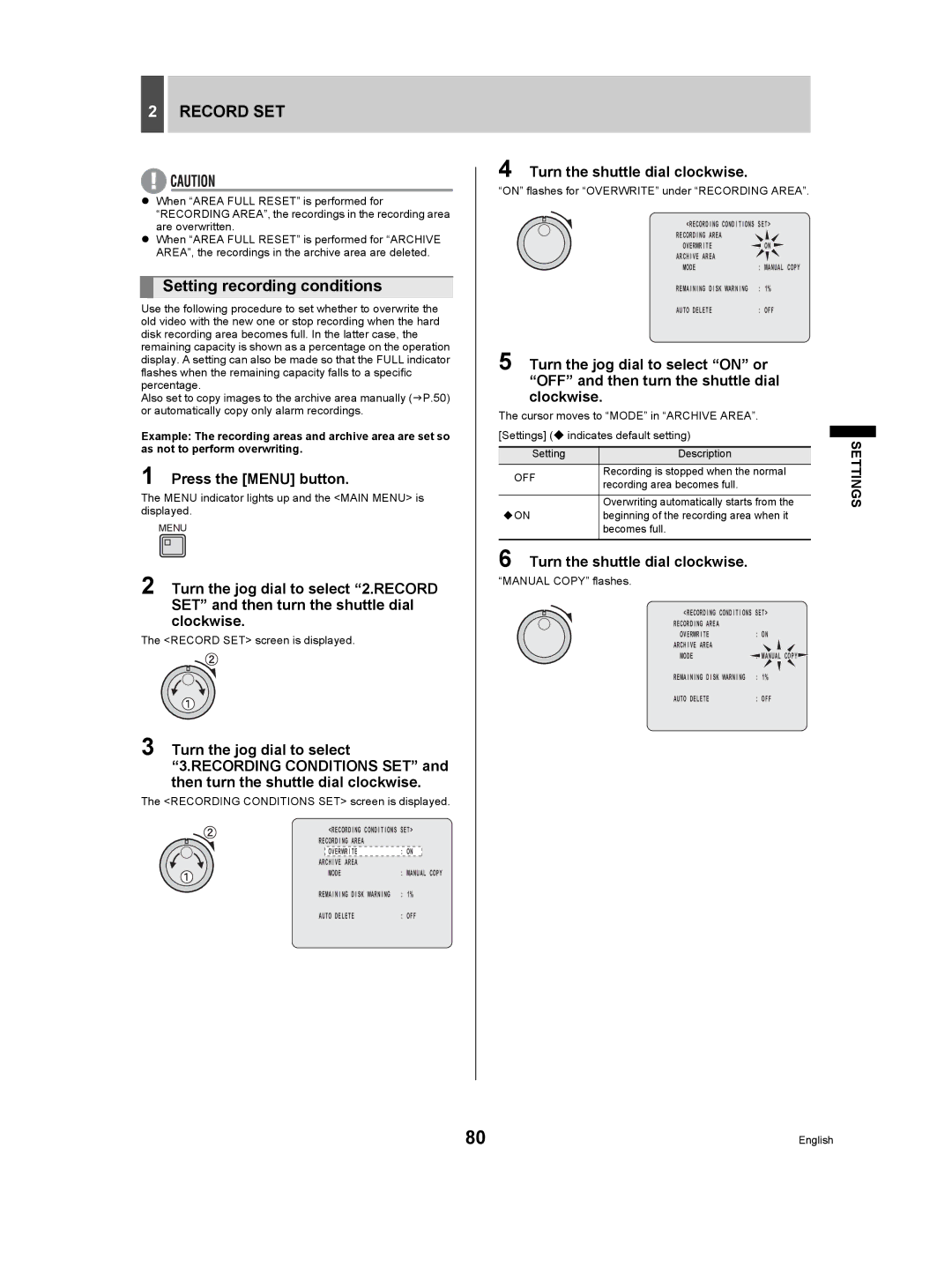 Sanyo DSR-5009P instruction manual Setting recording conditions, Off, ‹On 