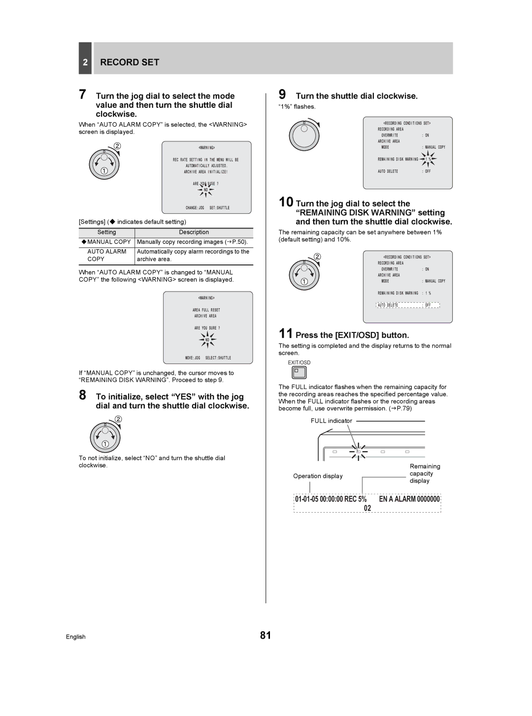 Sanyo DSR-5009P instruction manual 01-01-05 000000 REC 5% EN a Alarm, ‹MANUAL Copy, Auto Alarm 