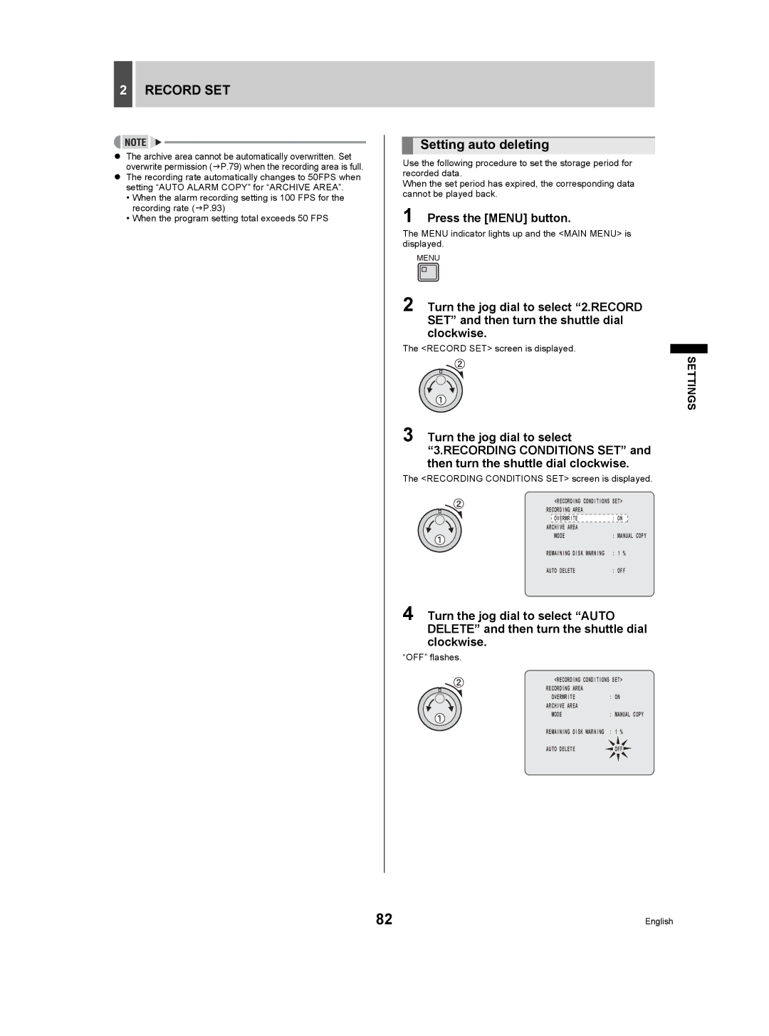 Sanyo DSR-5009P instruction manual Setting auto deleting, OFF flashes 