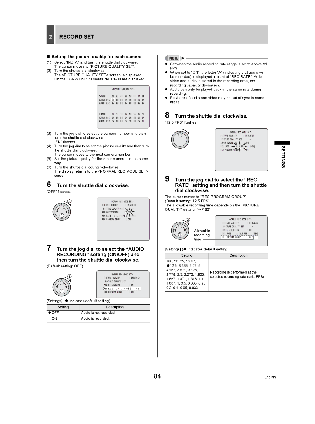 Sanyo DSR-5009P „ Setting the picture quality for each camera, Default setting OFF, FPS flashes, Allowable 