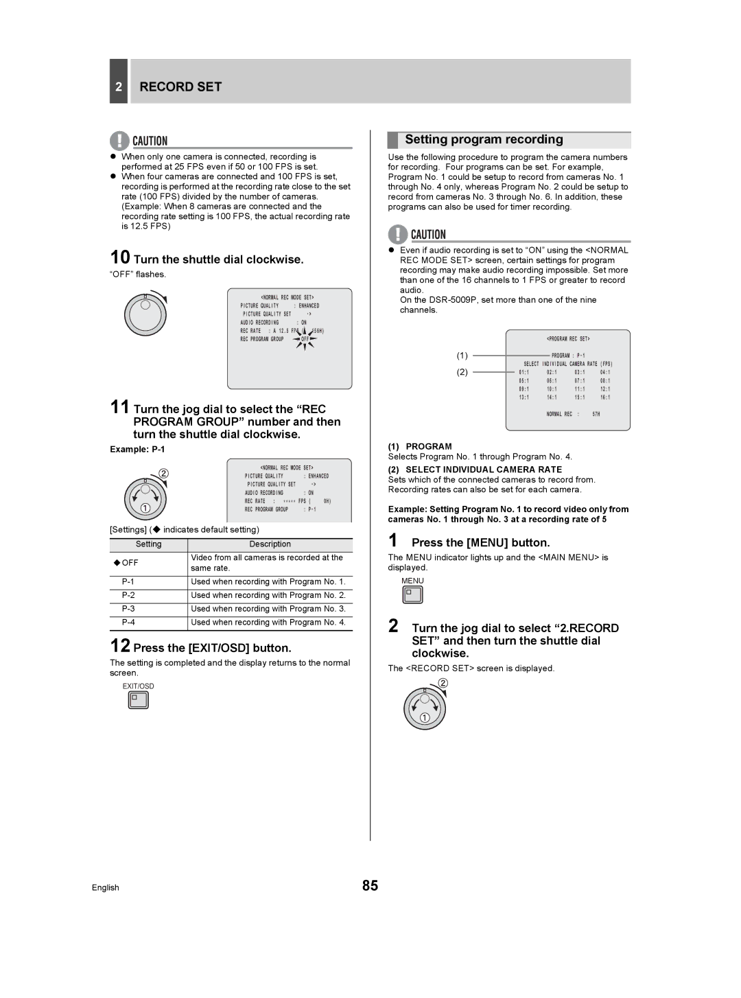 Sanyo DSR-5009P instruction manual Setting program recording, Example P-1, Program, Select Individual Camera Rate 