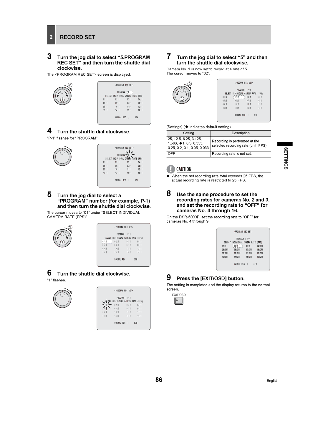 Sanyo DSR-5009P instruction manual Program REC SET screen is displayed, Flashes for Program, Recording rate is not set 