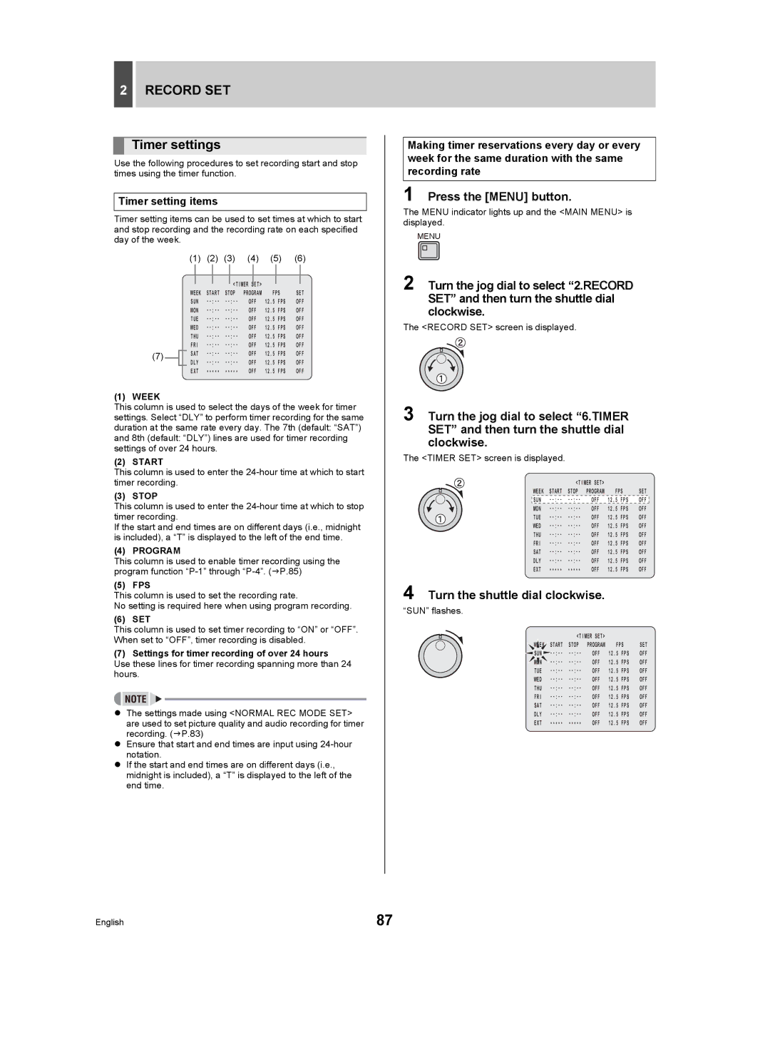 Sanyo DSR-5009P instruction manual Timer settings, Timer setting items 