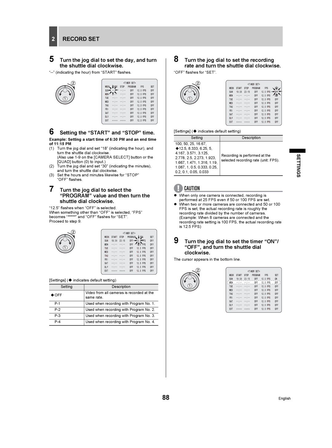 Sanyo DSR-5009P Setting the Start and Stop time, Indicating the hour from Start flashes, OFF flashes for SET 