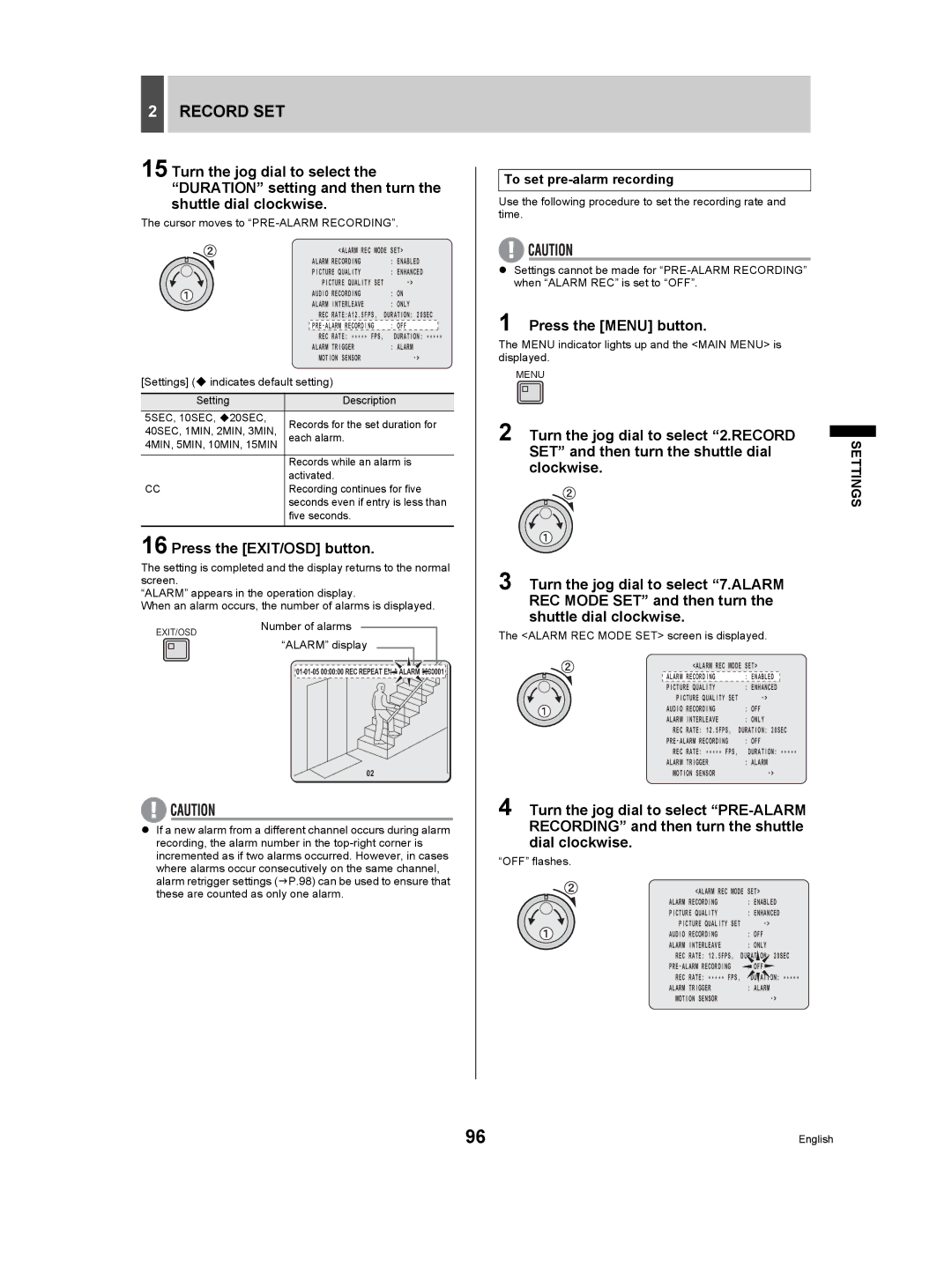 Sanyo DSR-5009P To set pre-alarm recording, Cursor moves to PRE-ALARM Recording, Number of alarms Alarm display 