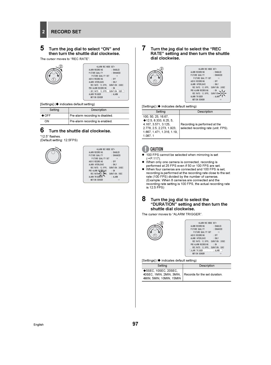 Sanyo DSR-5009P Pre-alarm recording is disabled, Pre-alarm recording is enabled, Flashes Default setting 12.5FPS 