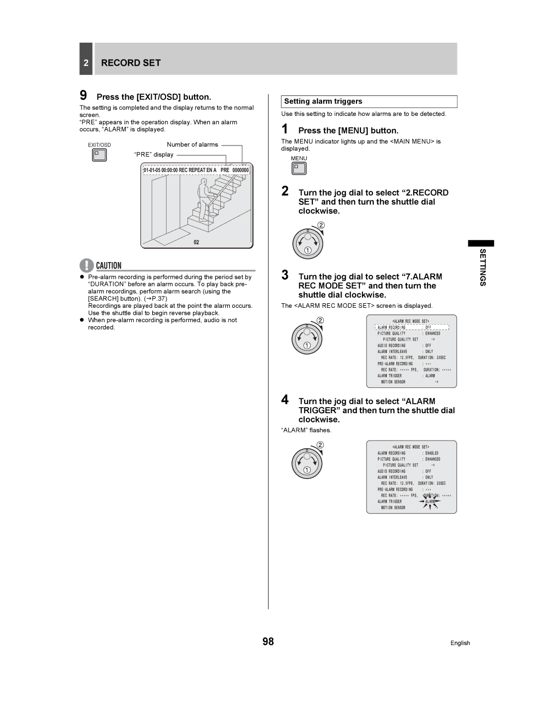 Sanyo DSR-5009P instruction manual Setting alarm triggers, Number of alarms, PRE display 