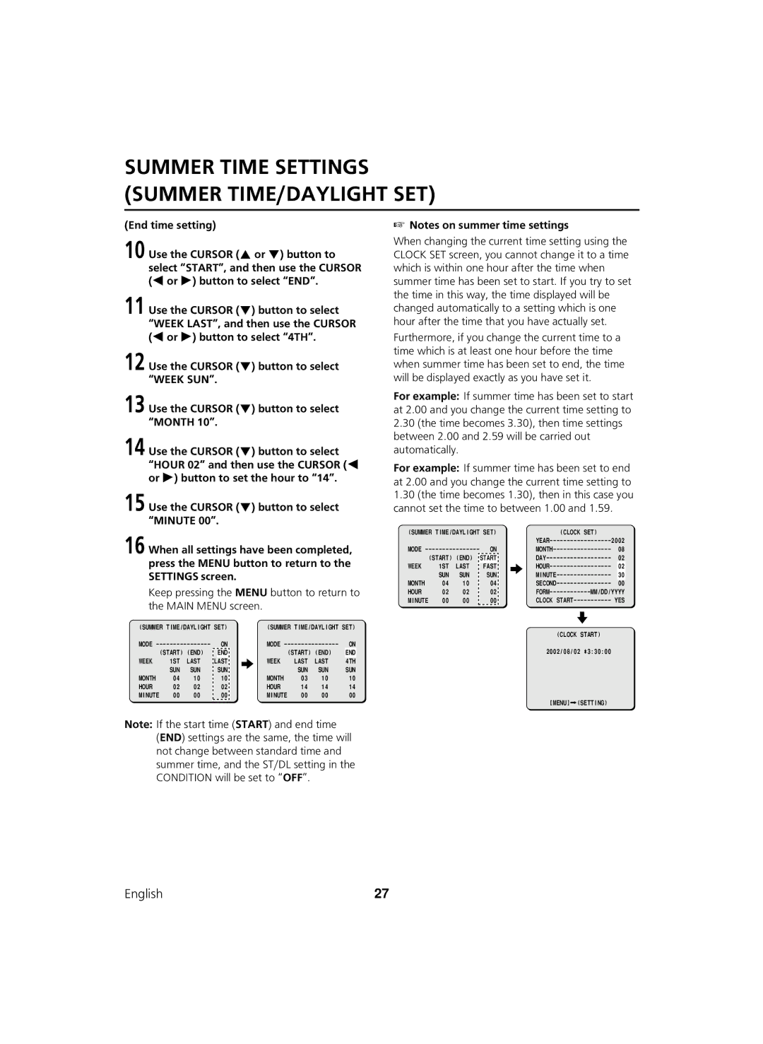 Sanyo DSR-C100 instruction manual Summer Time Settings Summer TIME/DAYLIGHT SET 