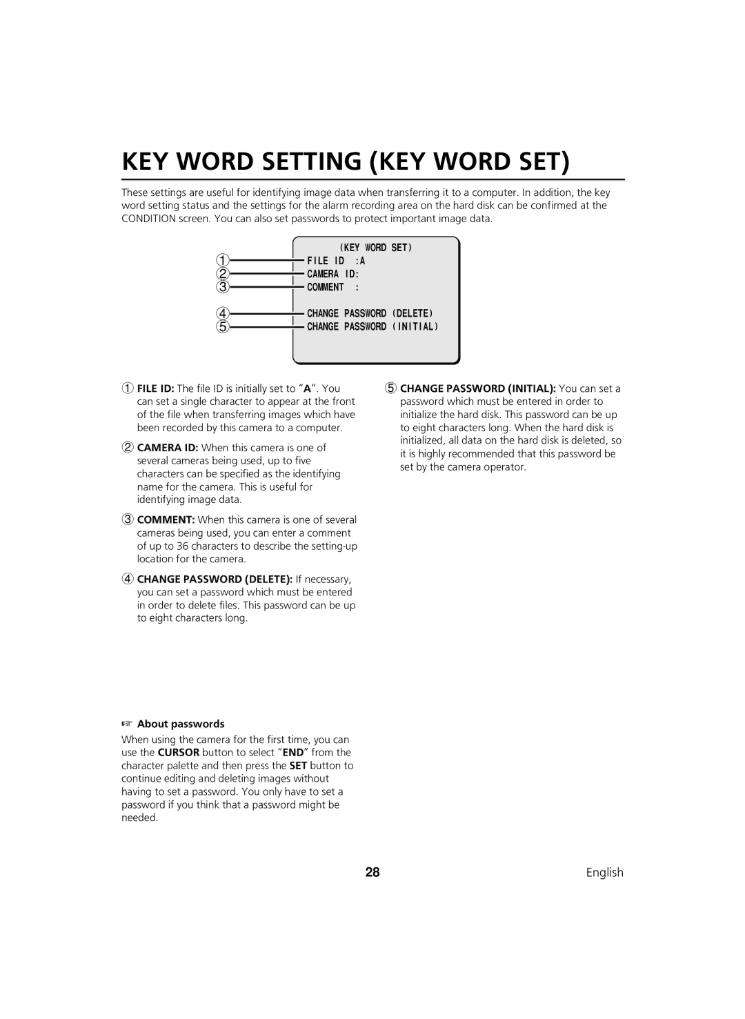 Sanyo DSR-C100 instruction manual KEY Word Setting KEY Word SET, KEY Word SET File ID a Camera ID Comment 