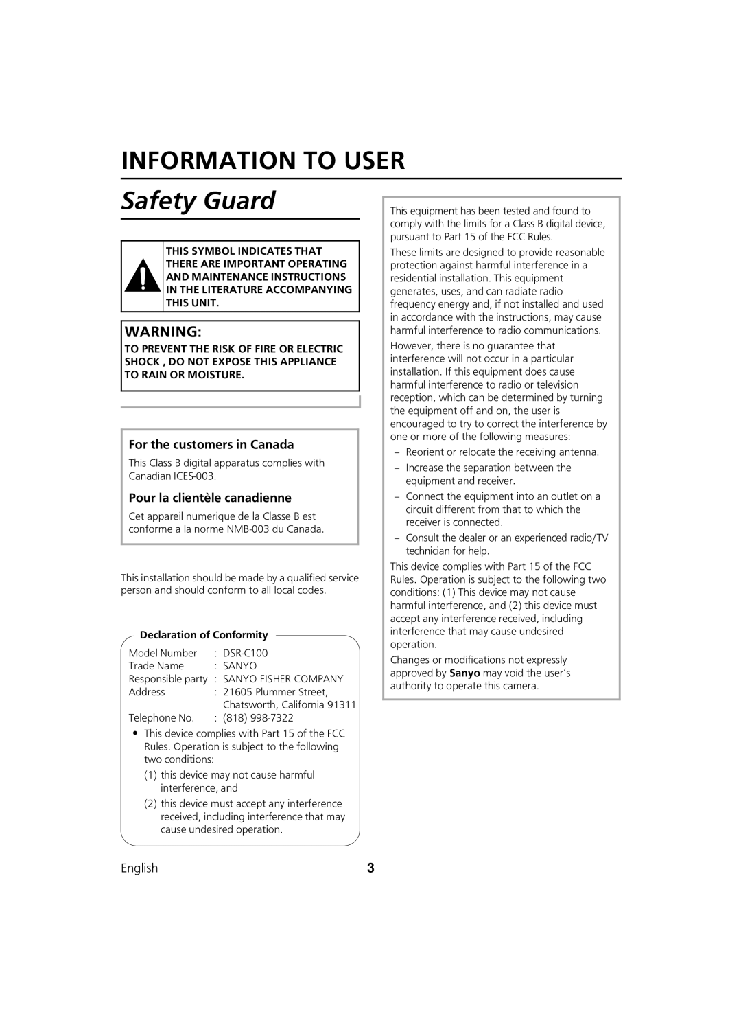 Sanyo DSR-C100 instruction manual Information to User, Declaration of Conformity 