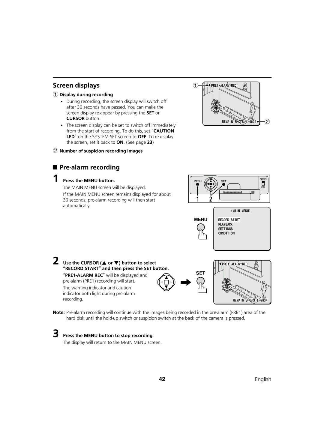 Sanyo DSR-C100 Screen displays, Pre-alarm recording, 1Display during recording, 2Number of suspicion recording images 