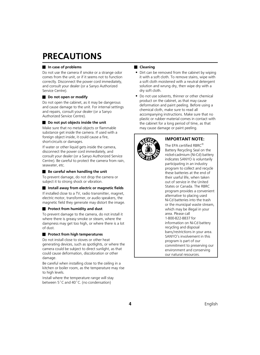 Sanyo DSR-C100 instruction manual Precautions 