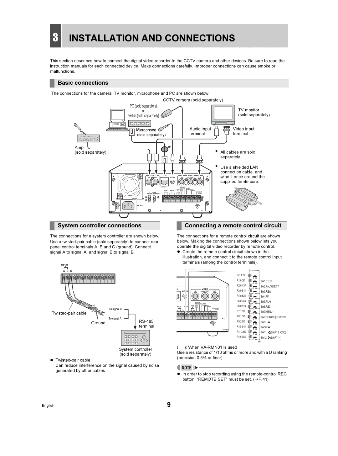 Sanyo DSR-M manual Installation and Connections, Basic connections, System controller connections 